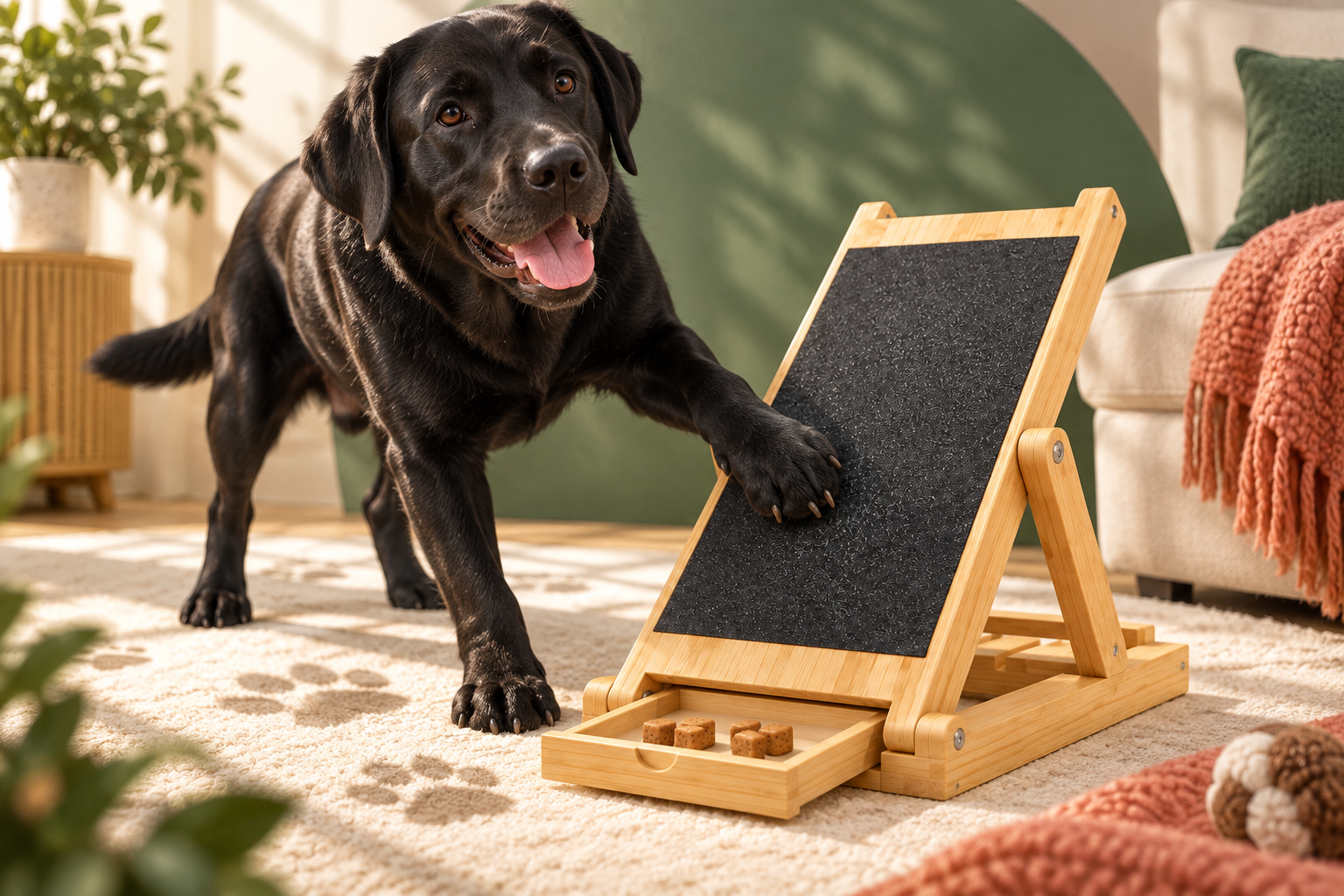 Black Labrador happily scratching the GentlePact board for a treat