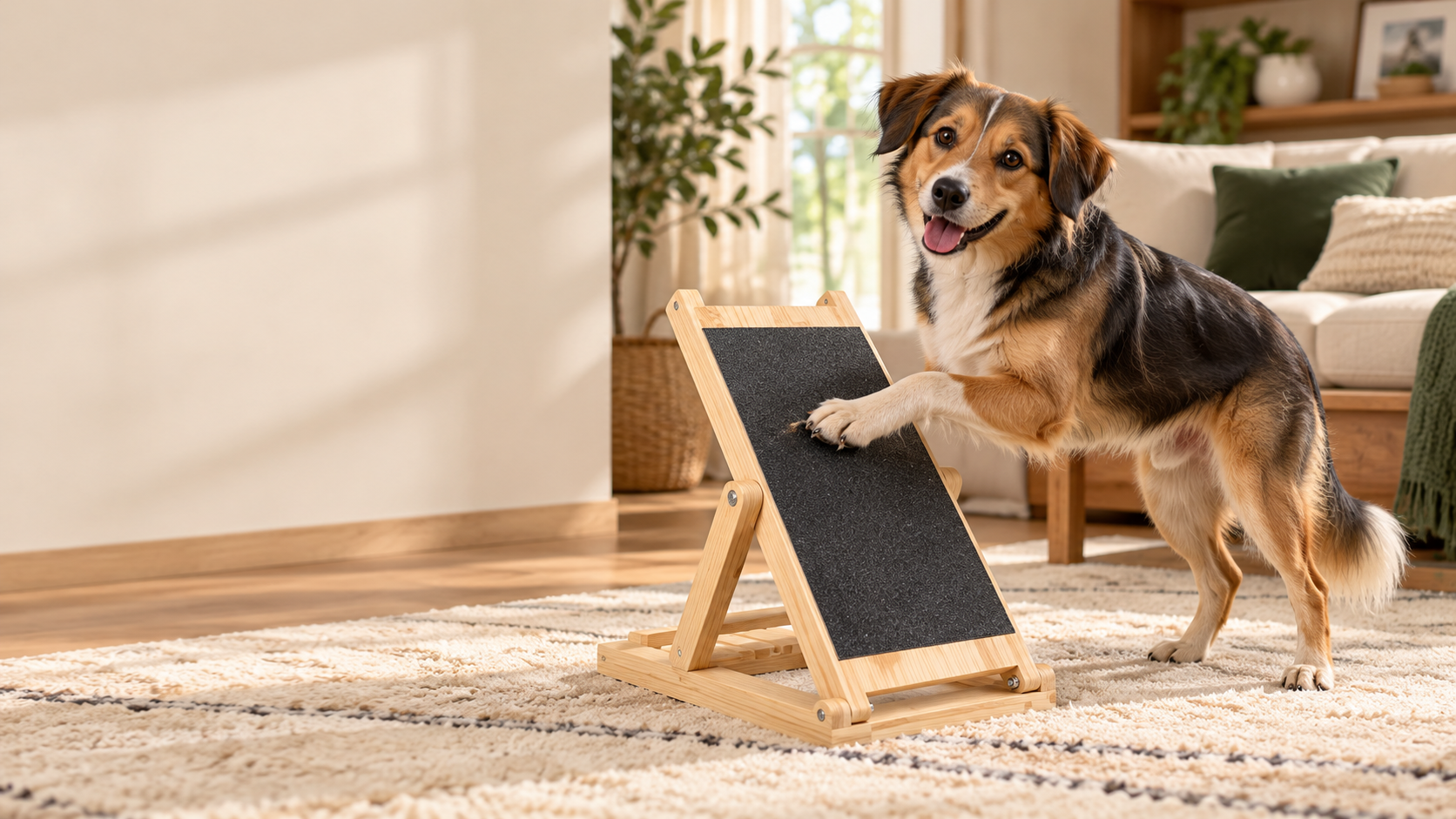 Happy dog using the GentlePact scratch board in a warm living room
