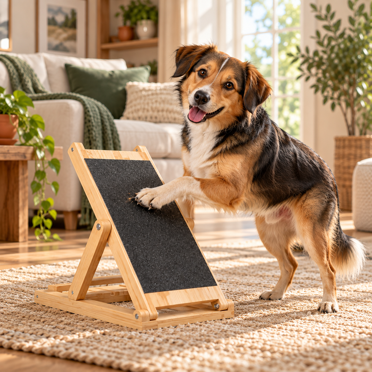 Dog happily practicing with the GentlePact scratch board