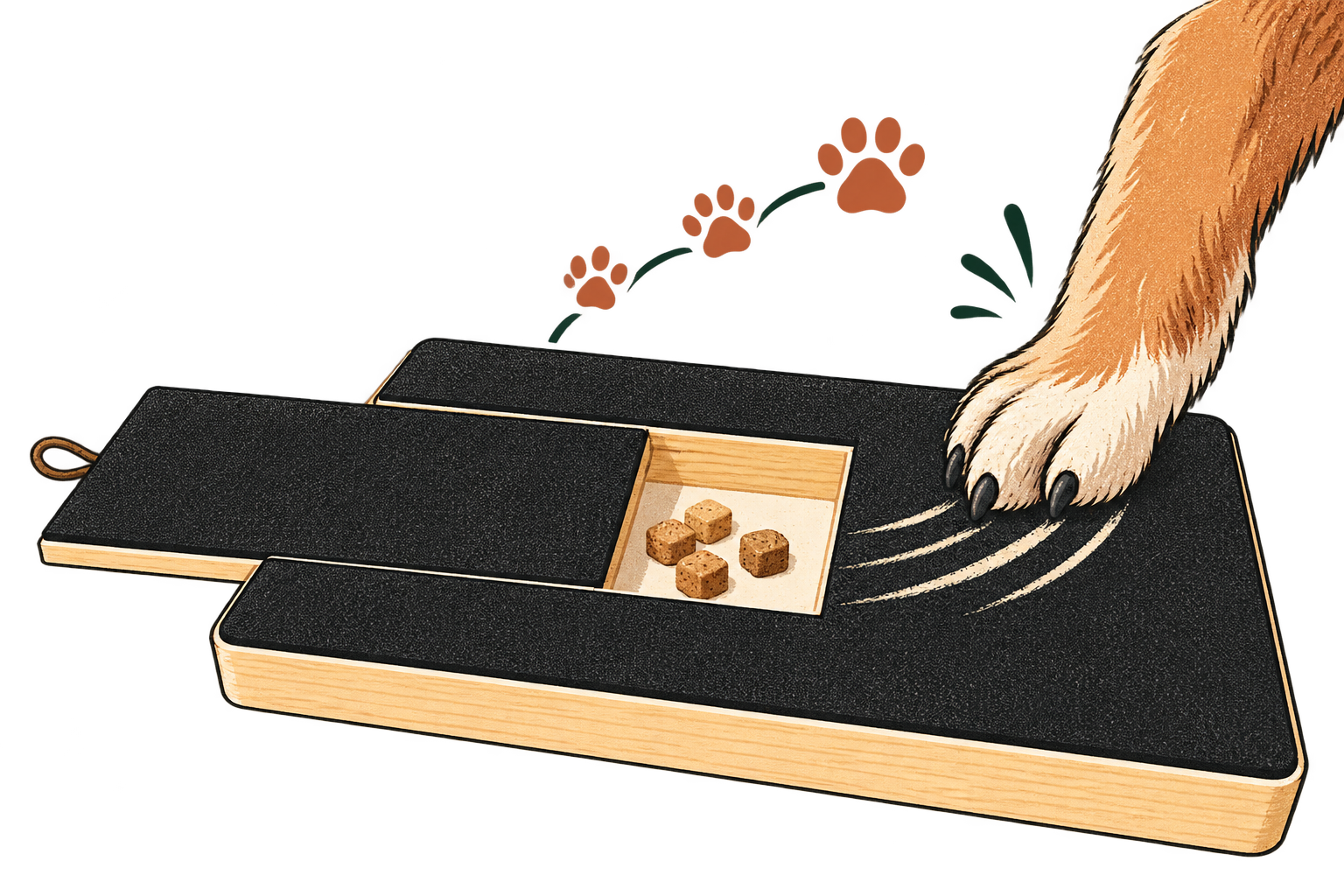 Illustration of a dog paw scratching the GentlePact board to earn treats